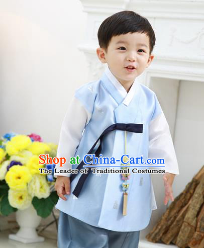 Asian Korean National Traditional Handmade Formal Occasions Boys Embroidery Blue Vest Hanbok Costume Complete Set for Kids