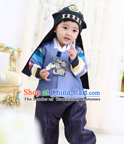 Asian Korean National Traditional Handmade Formal Occasions Boys Embroidery Blue Vest Hanbok Costume Complete Set for Kids