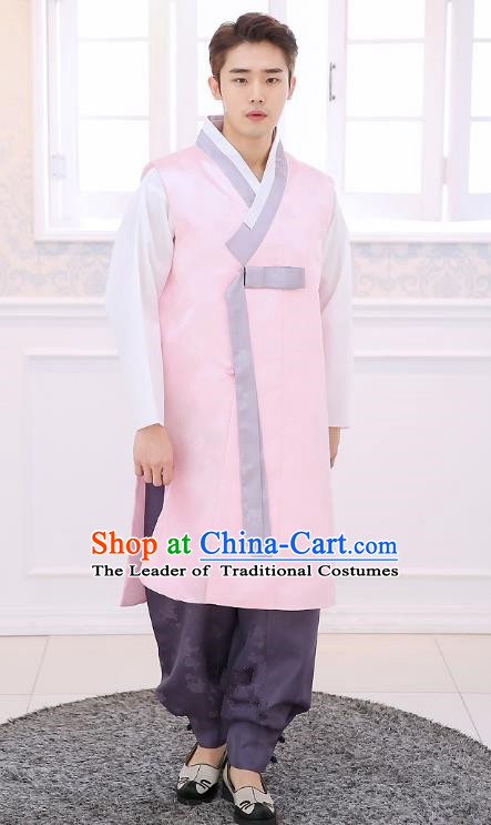 Asian Korean National Traditional Formal Occasions Wedding Bridegroom Embroidery Pink Long Vest Palace Hanbok Costume Complete Set for Men