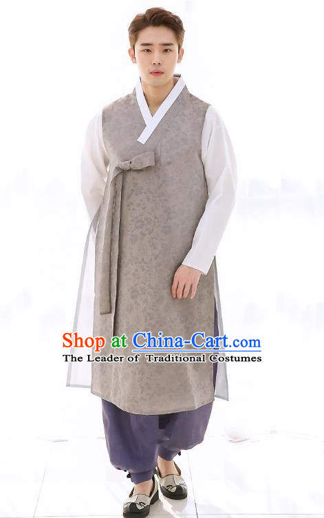 Asian Korean National Traditional Formal Occasions Wedding Bridegroom Embroidery Grey Long Vest Palace Hanbok Costume Complete Set for Men