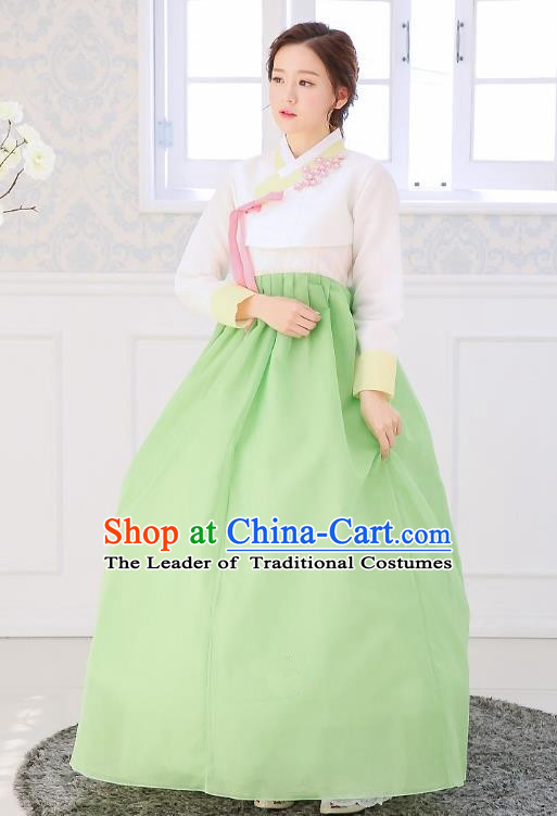 Top Grade Korean National Handmade Wedding Clothing Palace Bride Hanbok Costume Embroidered White Blouse and Green Dress for Women