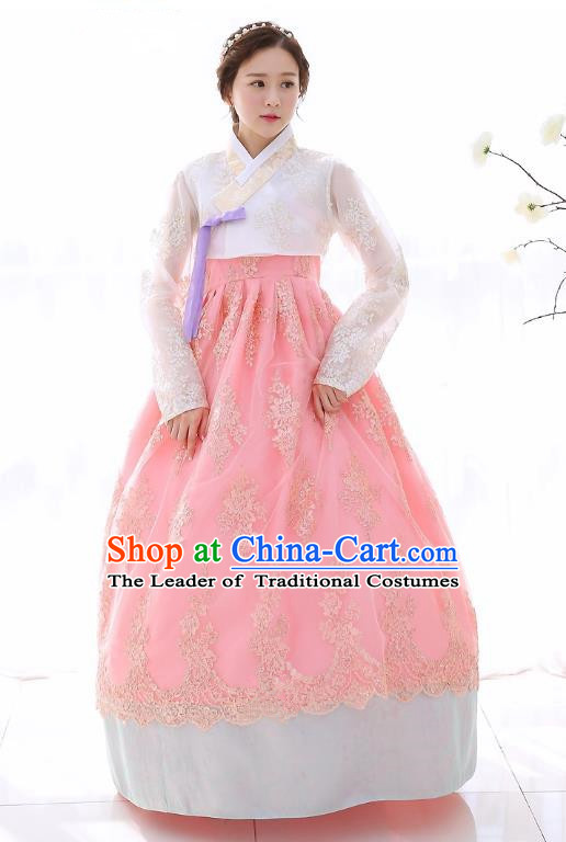 Top Grade Korean National Handmade Wedding Clothing Palace Bride Hanbok Costume Embroidered White Lace Blouse and Pink Dress for Women