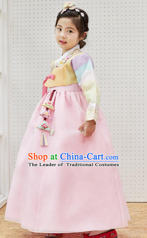Korean National Handmade Formal Occasions Girls Clothing Palace Hanbok Costume Embroidered Yellow Blouse and Pink Dress for Kids