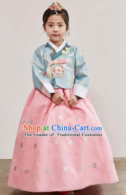 Korean National Handmade Formal Occasions Girls Clothing Palace Hanbok Costume Embroidered Blue Blouse and Pink Dress for Kids