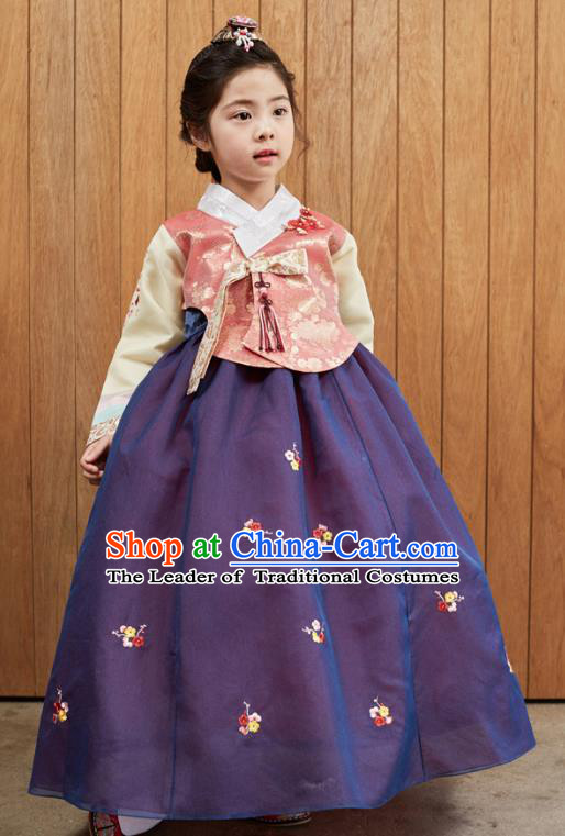 Korean National Handmade Formal Occasions Girls Clothing Palace Hanbok Costume Embroidered Pink Blouse and Purple Dress for Kids