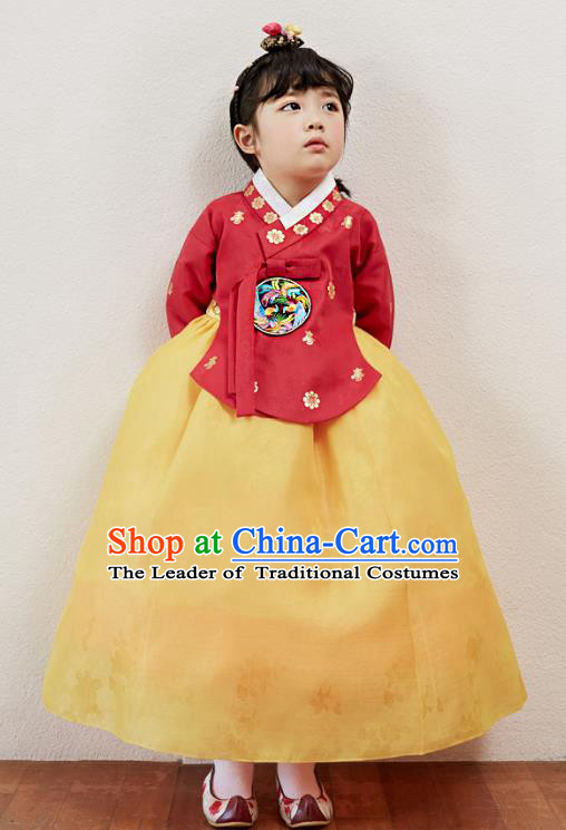 Korean National Handmade Formal Occasions Girls Clothing Palace Hanbok Costume Embroidered Red Blouse and Yellow Dress for Kids