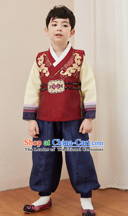 Asian Korean National Traditional Handmade Formal Occasions Boys Embroidery Wine Red Vest Hanbok Costume Complete Set for Kids
