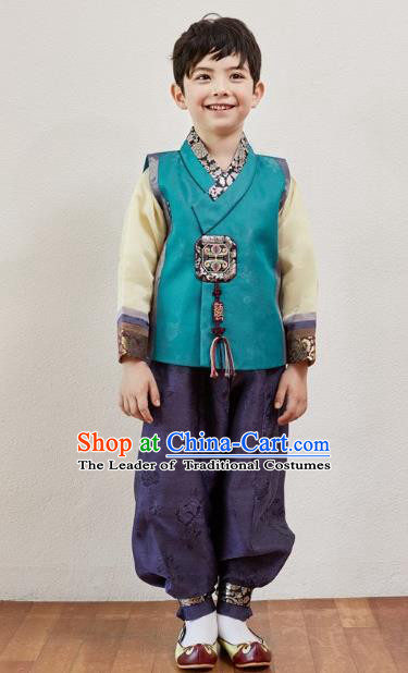Asian Korean National Traditional Handmade Formal Occasions Boys Embroidery Peacock Blue Vest Hanbok Costume Complete Set for Kids