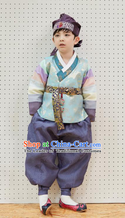 Asian Korean National Traditional Handmade Formal Occasions Boys Embroidery Blue Vest Hanbok Costume Complete Set for Kids