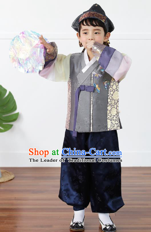 Asian Korean National Traditional Handmade Formal Occasions Boys Embroidery Grey Vest Hanbok Costume Complete Set for Kids