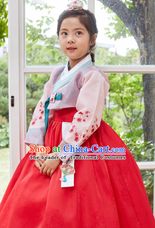 Traditional Korean National Handmade Formal Occasions Girls Clothing Palace Hanbok Costume Embroidered Purple Blouse and Red Dress for Kids