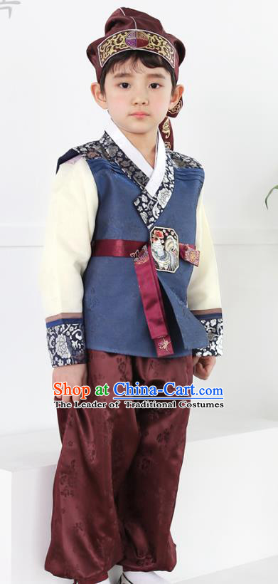 Asian Korean National Traditional Handmade Formal Occasions Boys Embroidery Navy Vest Hanbok Costume Complete Set for Kids