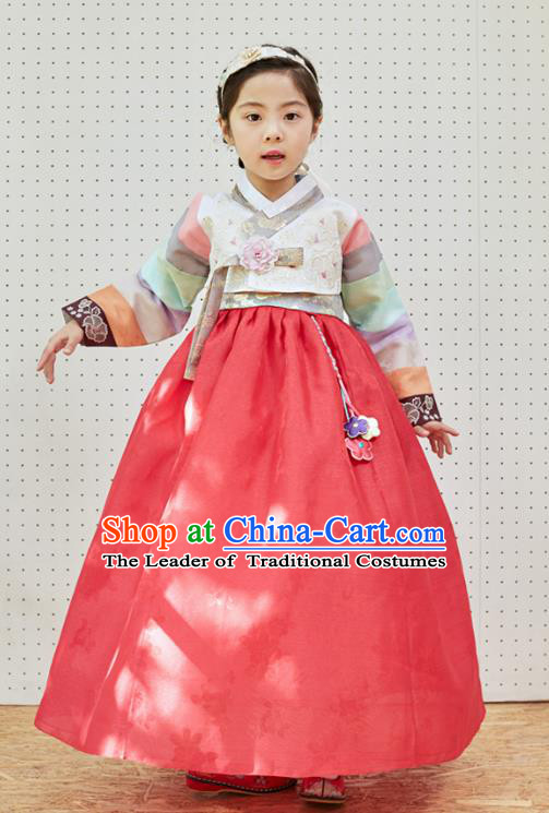 Traditional Korean National Handmade Formal Occasions Girls Clothing Palace Hanbok Costume Embroidered White Blouse and Red Dress for Kids
