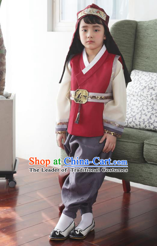 Asian Korean National Traditional Handmade Formal Occasions Boys Embroidery Red Vest Hanbok Costume Complete Set for Kids