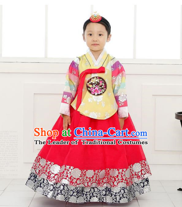 Traditional Korean National Handmade Formal Occasions Girls Clothing Palace Hanbok Costume Embroidered Yellow Blouse and Red Dress for Kids