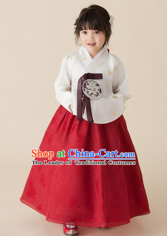 Korean National Handmade Formal Occasions Girls Clothing Palace Hanbok Costume Embroidered White Blouse and Red Dress for Kids