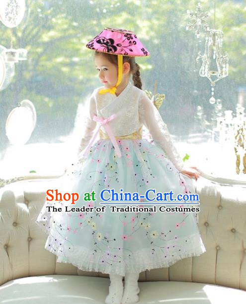 Traditional Korean National Handmade Formal Occasions Girls Palace Hanbok Costume Embroidered White Lace Blouse and Green Dress for Kids