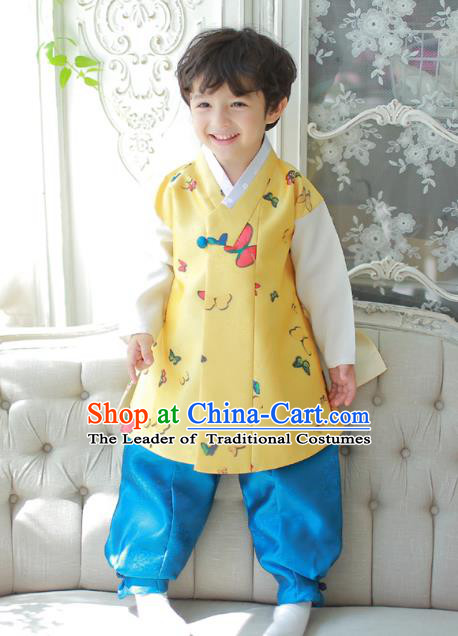 Asian Korean National Traditional Handmade Formal Occasions Boys Printing Butterfly Yellow Vest Hanbok Costume Complete Set for Kids