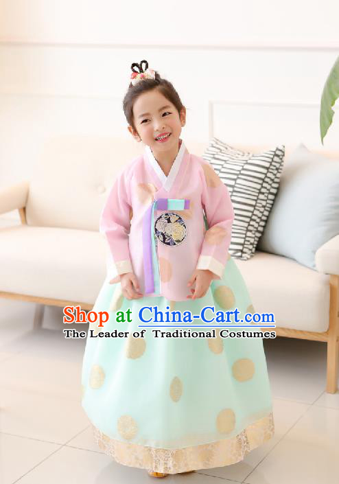 Traditional Korean National Handmade Formal Occasions Girls Clothing Palace Hanbok Costume Embroidered Pink Blouse and Green Dress for Kids