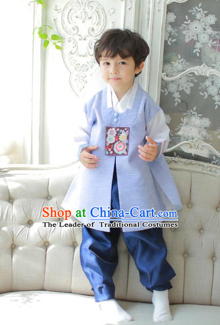 Asian Korean National Traditional Handmade Formal Occasions Boys Embroidered Blue Vest Hanbok Costume Complete Set for Kids