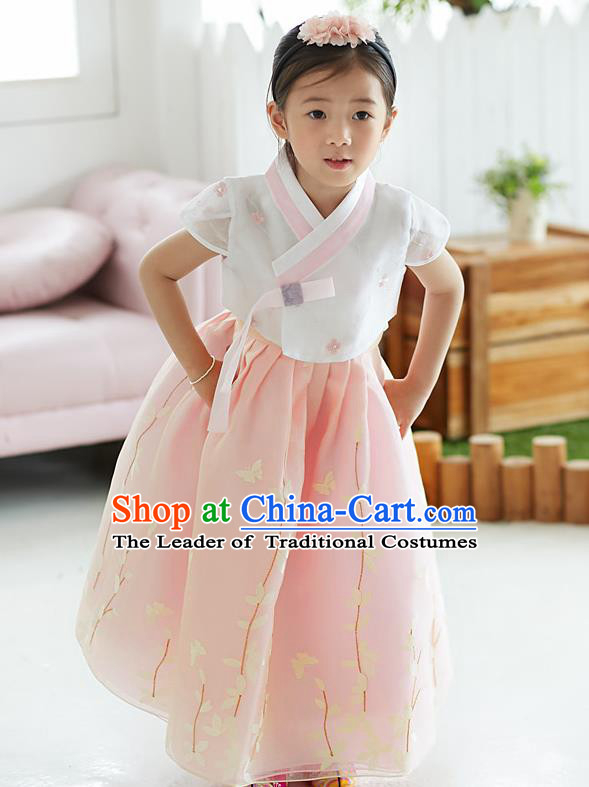 Traditional Korean National Handmade Formal Occasions Girls Palace Hanbok Costume Embroidered White Blouse and Pink Dress for Kids