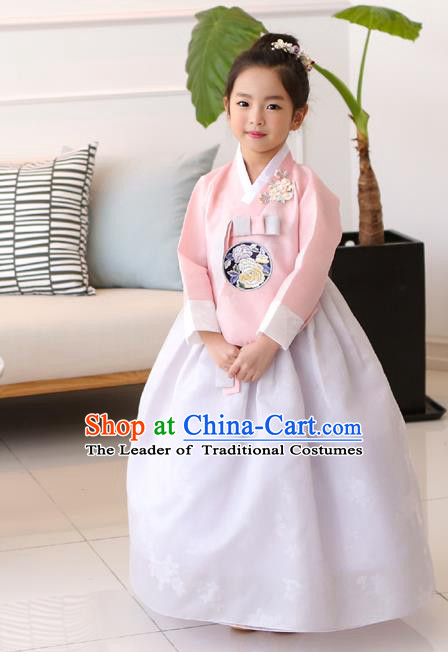 Traditional Korean National Handmade Formal Occasions Girls Clothing Palace Hanbok Costume Embroidered Pink Blouse and White Dress for Kids