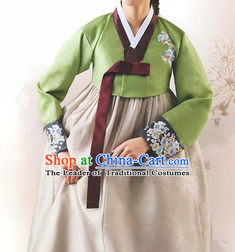 Top Grade Korean National Handmade Wedding Palace Bride Hanbok Costume Embroidered Green Blouse and Grey Dress for Women