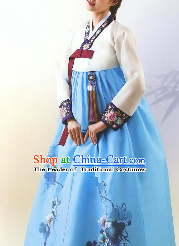 Top Grade Korean National Handmade Wedding Palace Bride Hanbok Costume Embroidered White Blouse and Blue Dress for Women