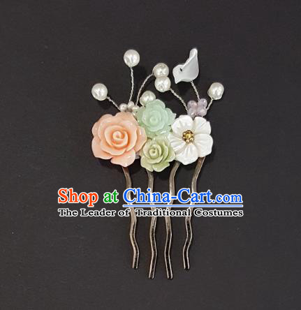 Korean National Bride Hair Accessories Flowers Hair Comb, Asian Korean Hanbok Palace Headwear for Kids