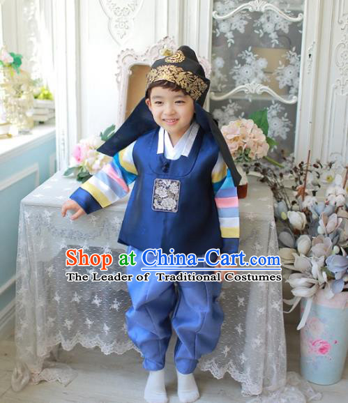 Asian Korean National Traditional Handmade Formal Occasions Boys Embroidery Deep Blue Vest Hanbok Costume Complete Set for Kids