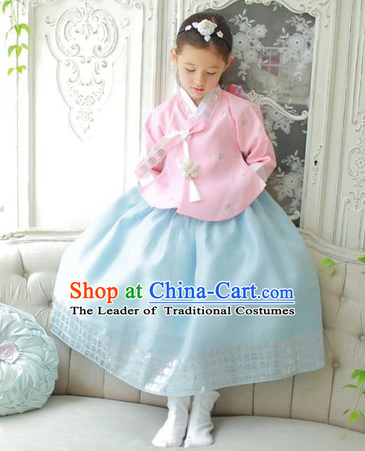 Traditional Korean National Handmade Formal Occasions Girls Clothing Palace Hanbok Costume Embroidered Pink Blouse and Blue Dress for Kids