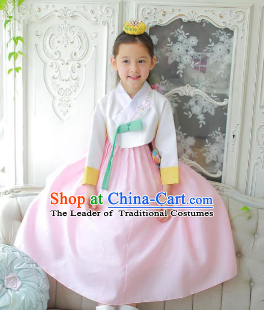 Traditional Korean National Handmade Formal Occasions Girls Clothing Palace Hanbok Costume Embroidered White Blouse and Pink Dress for Kids