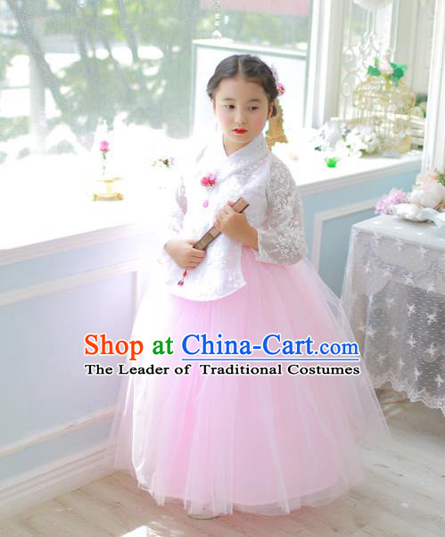 Traditional Korean National Handmade Formal Occasions Girls Clothing Palace Hanbok Costume White Lace Blouse and Pink Dress for Kids