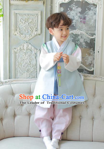 Traditional Asian Korean National Handmade Formal Occasions Boys Embroidery Green Vest Hanbok Costume Complete Set for Kids