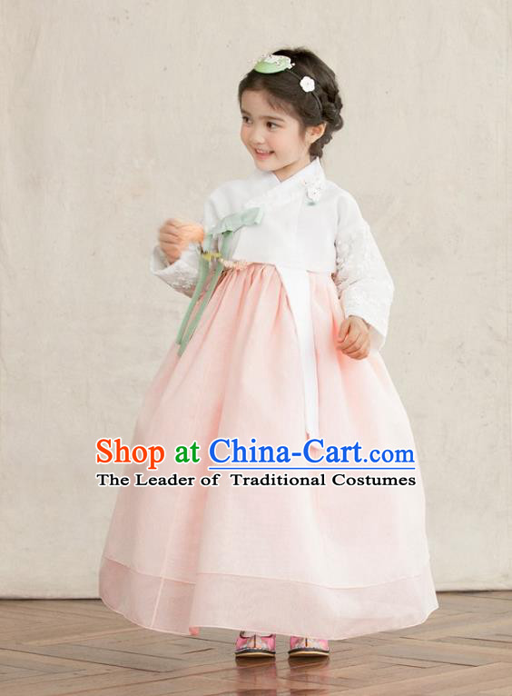 Traditional Korean National Handmade Formal Occasions Girls Clothing Palace Hanbok Costume Embroidered White Blouse and Pink Dress for Kids