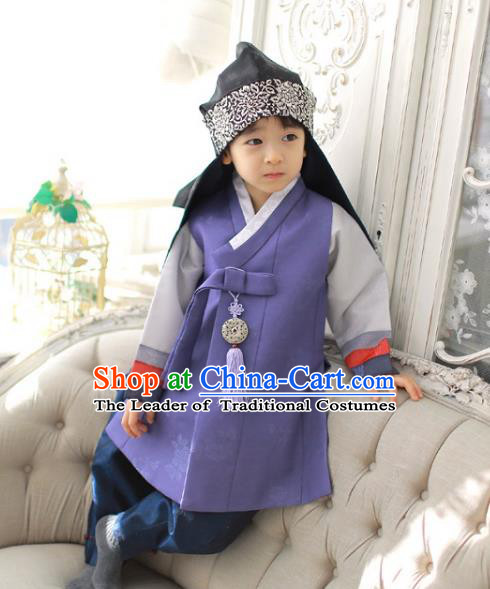 Asian Korean National Traditional Handmade Formal Occasions Boys Embroidery Purple Vest Hanbok Costume Complete Set for Kids
