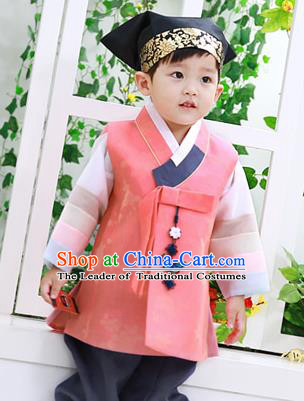 Asian Korean National Traditional Handmade Formal Occasions Boys Embroidery Pink Vest Hanbok Costume Complete Set for Kids