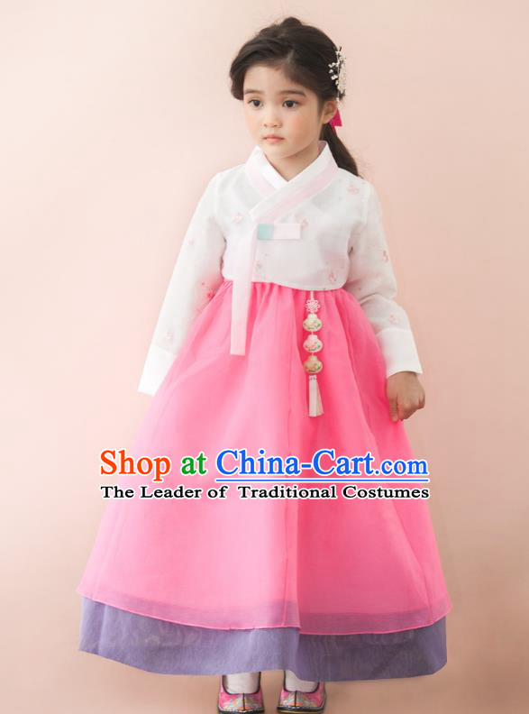 Traditional Korean National Handmade Formal Occasions Girls Palace Hanbok Costume Embroidered White Blouse and Pink Dress for Kids