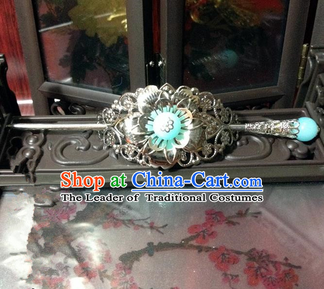 Traditional Handmade Chinese Classical Hair Accessories, Ancient Royal Highness Blue Beads Tuinga Hairdo Crown for Men