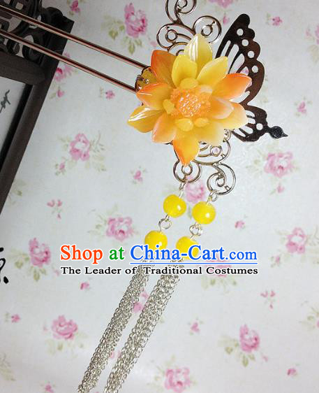 Traditional Chinese Ancient Classical Hair Accessories Hanfu Yellow Flower Hair Clip Tassel Step Shake Bride Hairpins for Women