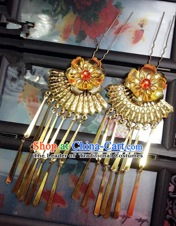 Traditional Chinese Ancient Classical Hair Accessories Golden Hair Clip Bride Tassel Step Shake Hairpins for Women