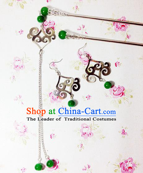 Traditional Handmade Chinese Ancient Classical Hair Accessories Bride Wedding Xiuhe Suit Green Beads Tassel Hairpins and Earrings for Women