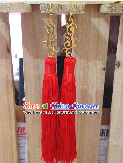 Traditional Handmade Chinese Ancient Classical Accessories Bride Wedding Xiuhe Suit Red Tassel Earrings for Women