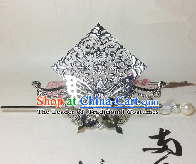 Traditional Handmade Chinese Classical Hair Accessories, Ancient Royal Highness White Butterfly Tuinga Hairdo Crown for Men