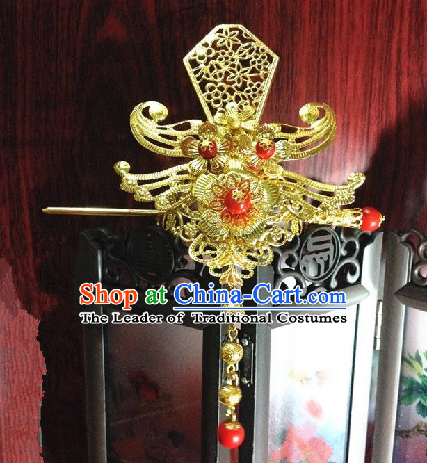 Traditional Handmade Chinese Classical Hair Accessories, Ancient Royal Highness Golden Headband Tassel Tuinga Hairdo Crown for Men