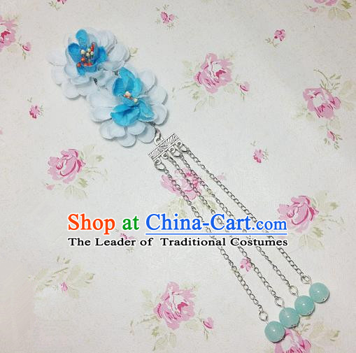 Traditional Chinese Ancient Classical Hair Accessories Hanfu Blue Flowers Tassel Step Shake Bride Hairpins for Women