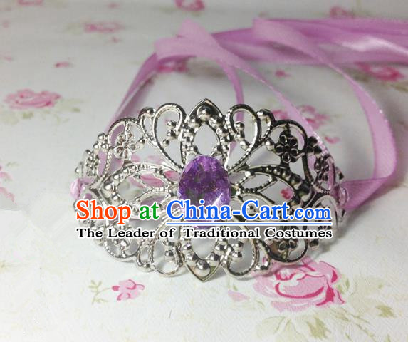 Traditional Handmade Chinese Classical Hair Accessories, Ancient Royal Highness Purple Crystal Ribbon Headband Tuinga Hairdo Crown for Men