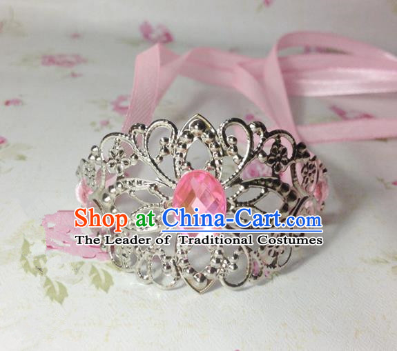 Traditional Handmade Chinese Classical Hair Accessories, Ancient Royal Highness Pink Crystal Ribbon Headband Tuinga Hairdo Crown for Men