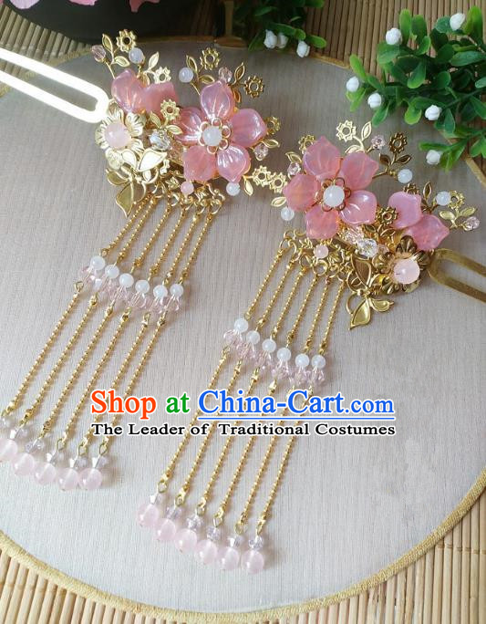 Traditional Chinese Ancient Classical Hair Accessories Hanfu Pink Flowers Tassel Hair Clip Step Shake Hairpins for Women