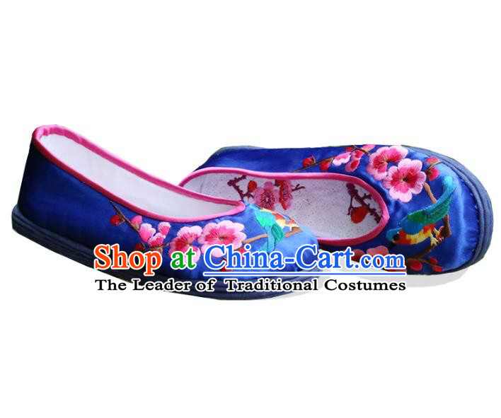 Asian Chinese Traditional Shoes Bride Blue Embroidered Shoes, China Peking Opera Handmade Embroidery Wintersweet Shoe Hanfu Princess Shoes for Women